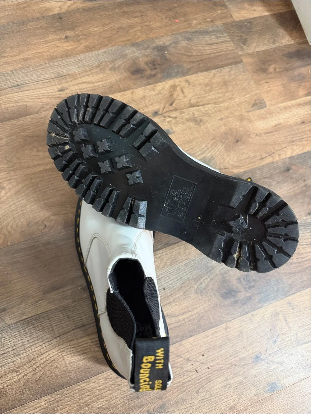 Dr. Martens White Leather Chelsea Lug Boots with Yellow Stitching